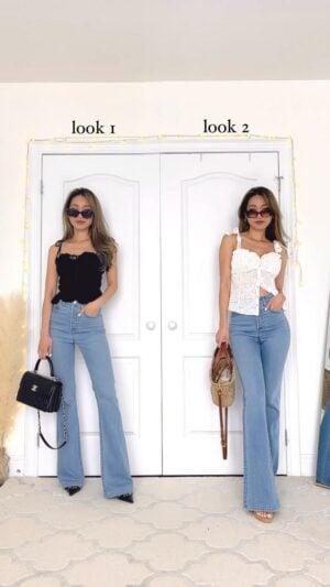 style flare jeans with me! WHICH LOOK is u? 💙🫶🏻 #summeroutfi