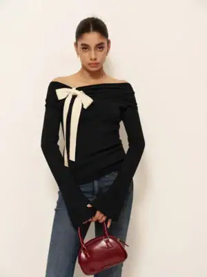 Kerina Wang - COMMENSE black bow-decor knit top