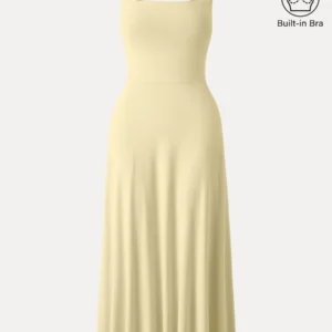 Kerina Wang - Flowy Square Neck Wide Straps Midi Brami Dress with Pockets - Butter Yellow