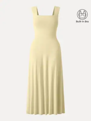 Kerina Wang - Flowy Square Neck Wide Straps Midi Brami Dress with Pockets - Butter Yellow