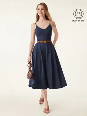 Kerina Wang - Bamboo Ponte V-neck Fit-and-flare Midi Brami Sundress with Pockets - Midnight Navy