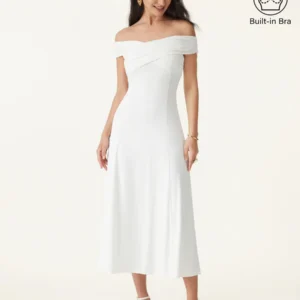 Kerina Wang - Flowy Criss Cross Off-shoulder Midi Brami Dress - Pure White
