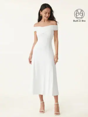 Kerina Wang - Flowy Criss Cross Off-shoulder Midi Brami Dress - Pure White