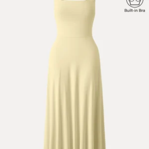 Kerina Wang - Flowy Square Neck Wide Straps Midi Brami Dress with Pockets - Butter Yellow