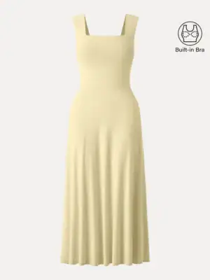 Kerina Wang - Flowy Square Neck Wide Straps Midi Brami Dress with Pockets - Butter Yellow