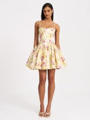 Kerina Wang - MISS CIRCLE - Valda Yellow and Pink Print Linen Mini Dress with Pockets