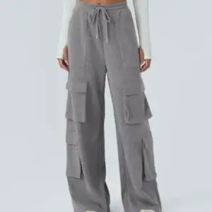 Kerina Wang - Ribbed Mid Rise Drawstring Pockets Wide Leg Cargo Casual Pants - Halara