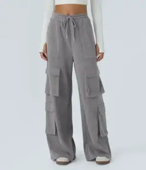 Kerina Wang - Ribbed Mid Rise Drawstring Pockets Wide Leg Cargo Casual Pants - Halara