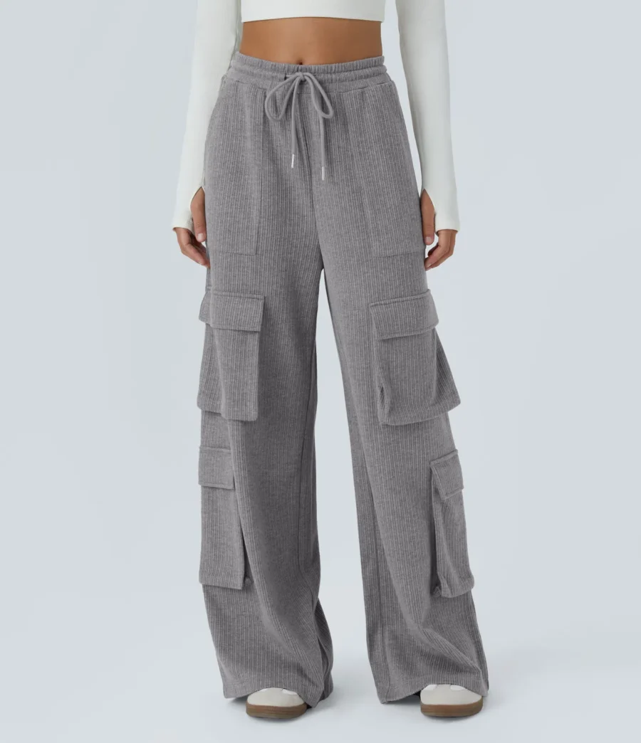 Ribbed Mid Rise Drawstring Pockets Wide Leg Cargo Casual Pants – Halara
