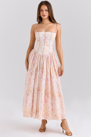 Kerina Wang - House of CB Ysabella peach floral print stretch cotton midi sundress