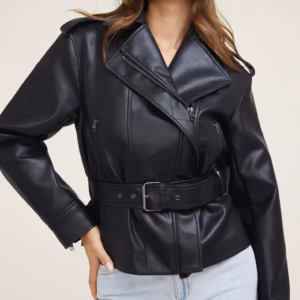 Kerina Wang - Belted Faux Leather Moto Jacket - Dynamite Clothing