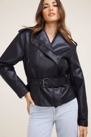 Kerina Wang - Belted Faux Leather Moto Jacket - Dynamite Clothing
