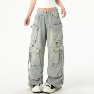 Kerina Wang - Chisan Mid Rise Washed Distressed Cargo Wide Leg Jeans - YesStyle