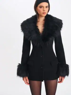 Kerina Wang - Hailee Black Single Breasted Wool Blend Mini Coat with Removable Fur Lapel - Miss Circle
