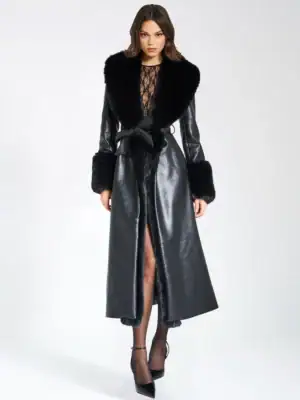 Kerina Wang - Zaida Black Vegan Fur Trim Black Vegan Leather Coat - Miss Circle