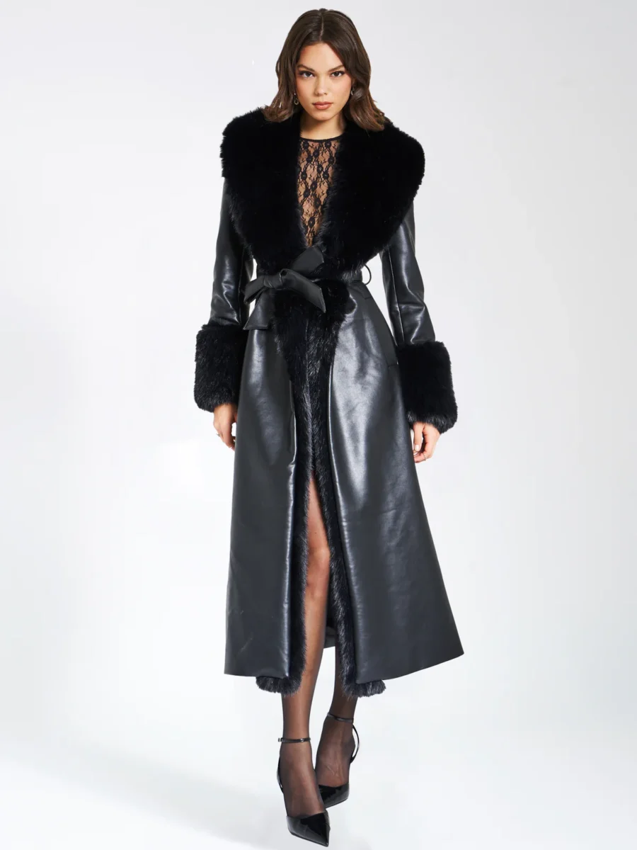 Zaida Black Vegan Fur Trim Black Vegan Leather Coat – Miss Circle