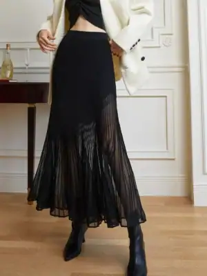 Kerina Wang - Knit Pleated Semi-sheer Maxi Skirt - Commense