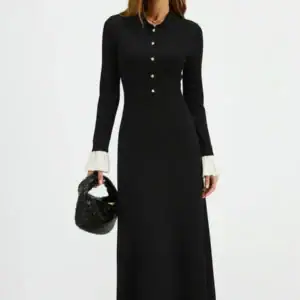 Kerina Wang - Contrast Cuff Collared Knit Maxi Dress - Commense