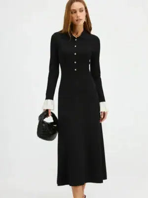 Kerina Wang - Contrast Cuff Collared Knit Maxi Dress - Commense