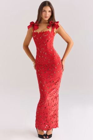 Kerina Wang - Tiff Holly Red Velvet Lace Maxi Dress - House of CB