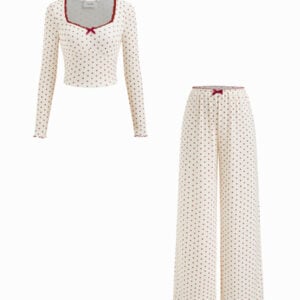 Kerina Wang - Sweetheart Polka Dot Bowknot Crop Top & Mid Rise Lettuce Trim Trousers Loungewear Set - Cider