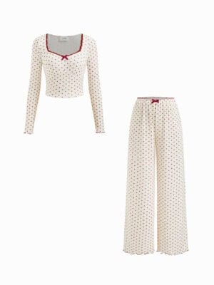 Kerina Wang - Sweetheart Polka Dot Bowknot Crop Top & Mid Rise Lettuce Trim Trousers Loungewear Set - Cider