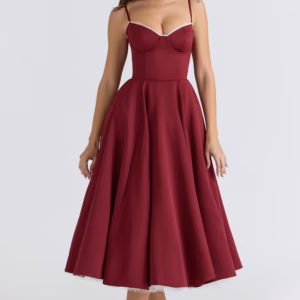 Kerina Wang - Mademoiselle Wine Satin Tulle Midi Dress - House of CB
