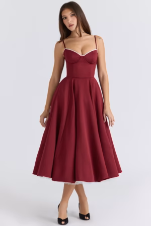 Kerina Wang - Mademoiselle Wine Satin Tulle Midi Dress - House of CB