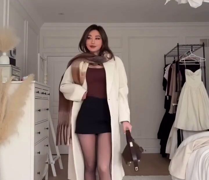 Kerina Wang white coat fleece tights outfit - how to layer