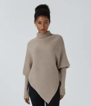 Kerina Wang - High Neck Long Sleeve Asymmetric Hem Work Sweater - Halara