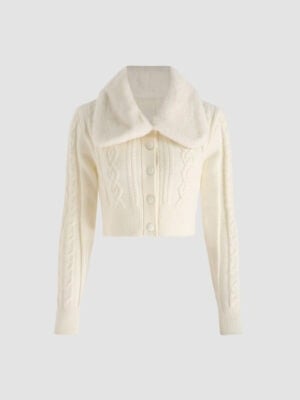 Kerina Wang - Faux Fur Romantic Cable Knit Crop Jacket - Cider