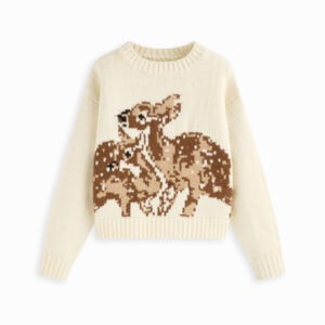 Kerina Wang - Knit Deer Pattern Round Neckline Long Sleeve Oversized Top - Cider