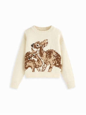 Kerina Wang - Knit Deer Pattern Round Neckline Long Sleeve Oversized Top - Cider
