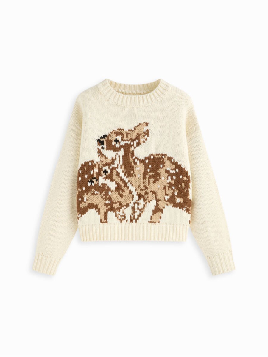 Knit Deer Pattern Round Neckline Long Sleeve Oversized Top – Cider