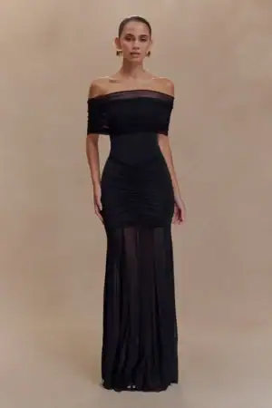 Kerina Wang - Caspian Slinky And Mesh Off Shoulder Maxi Dress - Meshki
