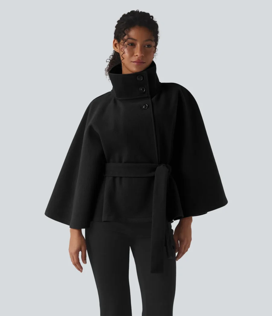 High-neck Long Sleeve Belted Work Cape Coat – Halara