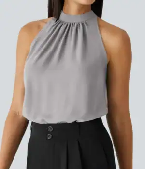 Kerina Wang - Keyhole Back Halter Sleeveless Curved Hem Work Blouse - Halara