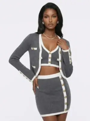 Kerina Wang - Lisette Contrast-Trim Grey Knit Three-Piece Set - Nana Jacqueline