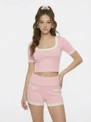 Kerina Wang - Millie Contrast-Trim Pink Knit Top - Nana Jacqueline