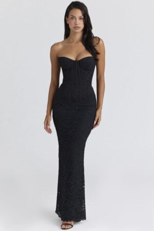 Kerina Wang - Solaine black + blush lace corset maxi dress