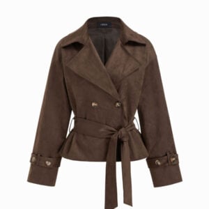 Kerina Wang - Suede Collar Double Breasted Trench Coat With Belt - Cider