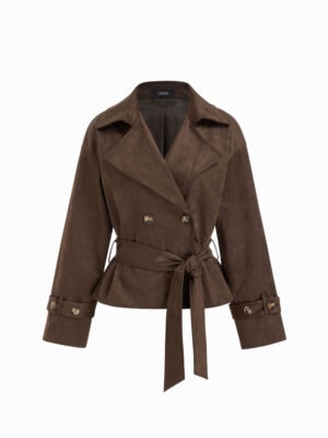 Kerina Wang - Suede Collar Double Breasted Trench Coat With Belt - Cider