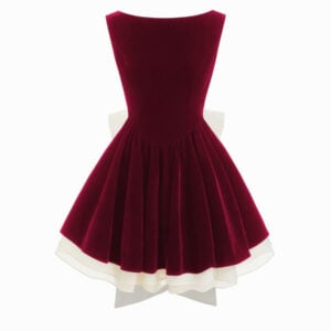 Kerina Wang - Velvet Boat Neck Ruffle Tie Back Two Tone Patched Backless Mini Babydoll Dress - Cider