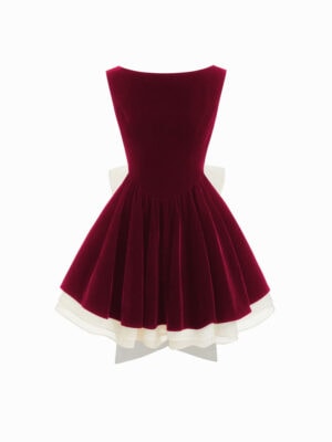 Kerina Wang - Velvet Boat Neck Ruffle Tie Back Two Tone Patched Backless Mini Babydoll Dress - Cider