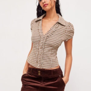 Kerina Wang - Cotton V-neck Check Button Short Sleeve Gingham Blouse - Cider