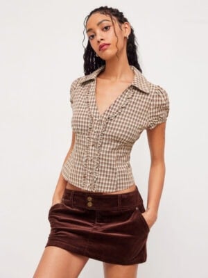 Kerina Wang - Cotton V-neck Check Button Short Sleeve Gingham Blouse - Cider