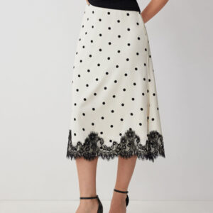 Kerina Wang - Satin Mid Rise Polka Dot Lace Trim A-line Midi Skirt - Cider
