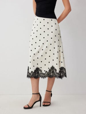 Kerina Wang - Satin Mid Rise Polka Dot Lace Trim A-line Midi Skirt - Cider