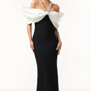 Kerina Wang - Lucifa Halter Sleeveless Bow Diamond Ribbon Bandage Maxi Dress - Bella Barnett