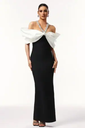 Kerina Wang - Lucifa Halter Sleeveless Bow Diamond Ribbon Bandage Maxi Dress - Bella Barnett